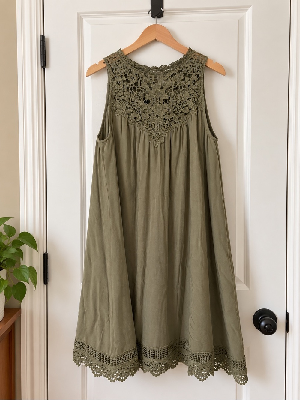 Women's Olive Green Midi Dress with Lace neckline and bottom hem